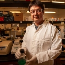 An Asian man with black hair wearing a white lab coat, gloves and safety glasses stands in front of a laboratory bench. 
